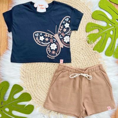 Conj. Blusa Borboleta e Short em Moletinho - Preto e Marrom